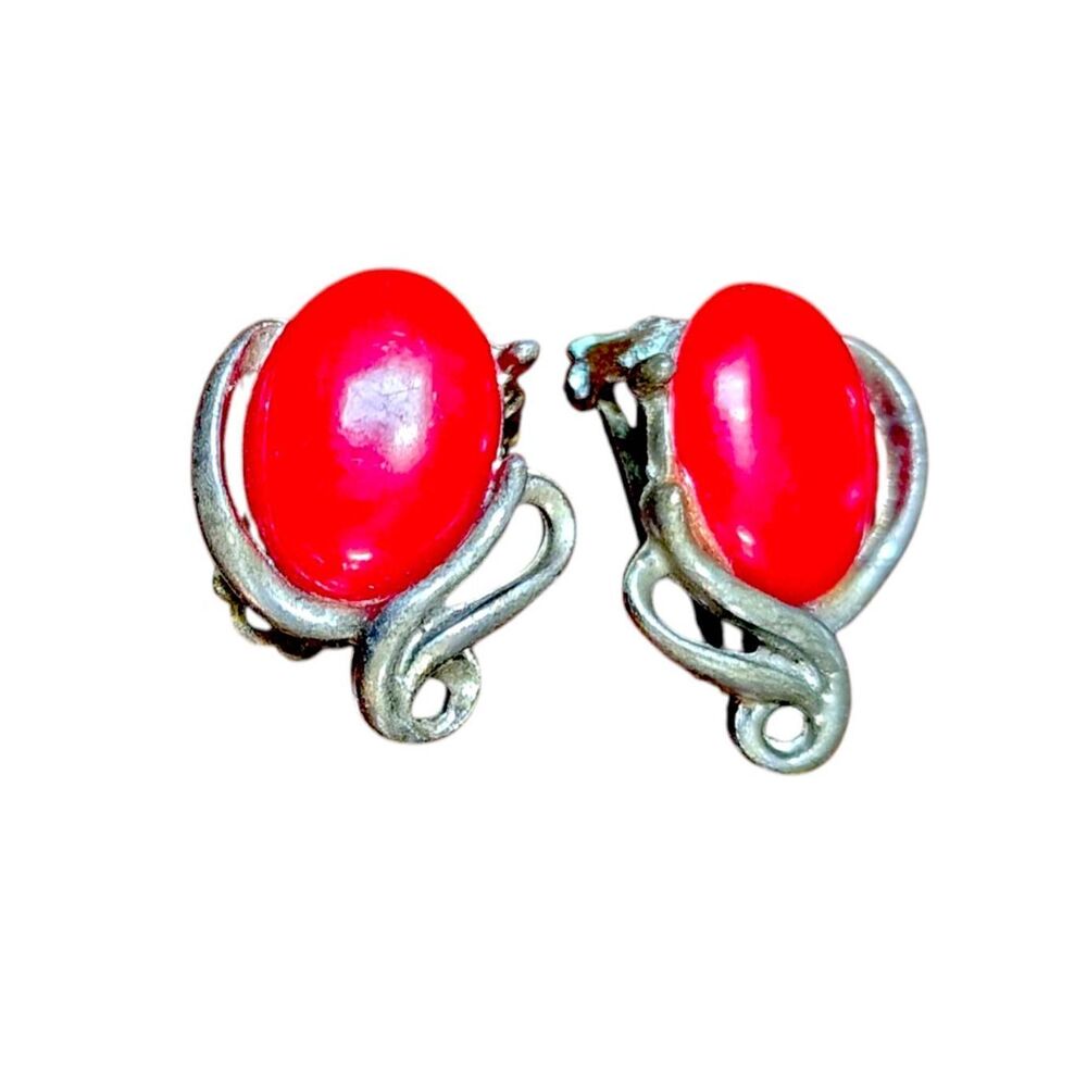 Vintage Sterling Silver Red Cabochon Clip On Earrings Art Nouveau Scrollwork